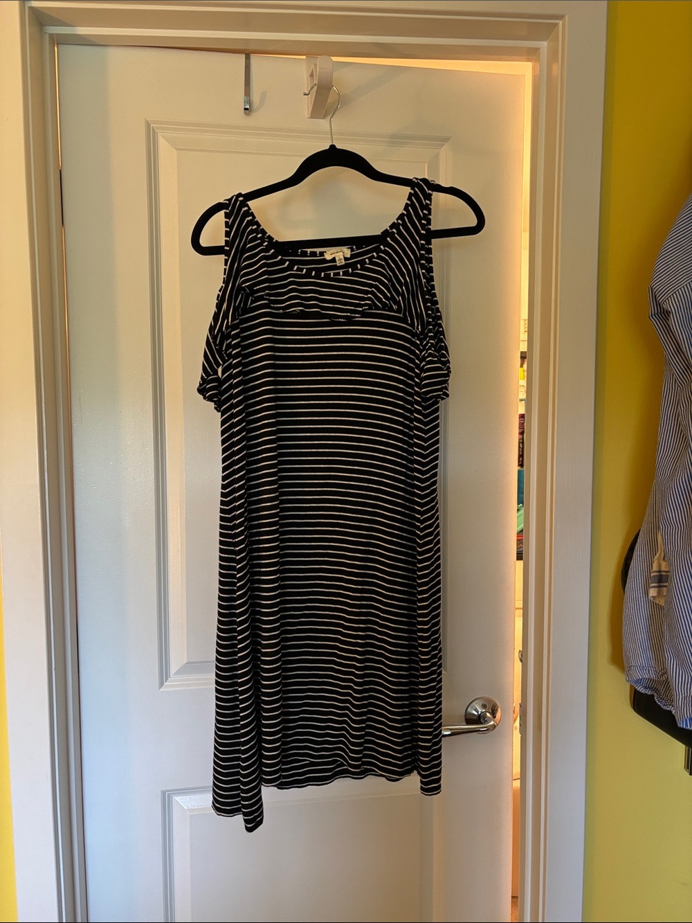 Max Studio Black and White Striped Cold-Shoulder Midi Dress